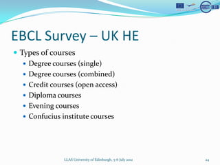 EBCL Survey C UK HE
? Types of courses
   ? Degree courses (single)
   ? Degree courses (combined)
   ? Credit courses (open access)
   ? Diploma courses
   ? Evening courses
   ? Confucius institute courses




                LLAS University of Edinburgh, 5-6 July 2012   24
 