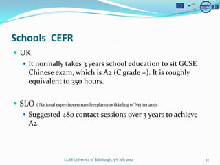 Schools CEFR
? UK
  ? It normally takes 3 years school education to sit GCSE
    Chinese exam, which is A2 (C grade +). It is roughly
    equivalent to 350 hours.


? SLO ( National expertisecentrum leerplanontwikkeling of Netherlands )
   ? Suggested 480 contact sessions over 3 years to achieve
     A2.



                   LLAS University of Edinburgh, 5-6 July 2012            27
 