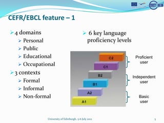 CEFR/EBCL feature C 1
? 4 domains                                ? 6 key language
   ? Personal                                  proficiency levels
   ? Public
   ? Educational                                                     Proficient
                                                                       user
   ? Occupational
? 3 contexts
                                                                    Independent
   ? Formal                                                             user
   ? Informal
   ? Non-formal                                                        Basic
                                                                       user



              University of Edinburgh, 5-6 July 2012                              5
 