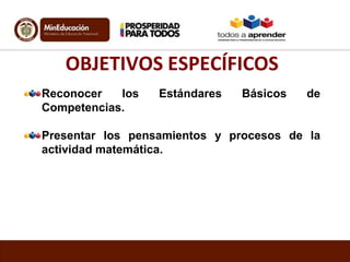 OBJETIVOS ESPECÍFICOS
Reconocer
los
Competencias.

Estándares

Básicos

de

Presentar los pensamientos y procesos de la
actividad matemática.

 
