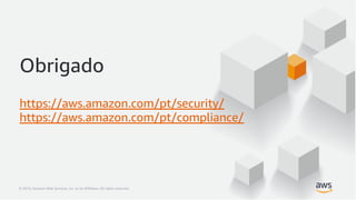 © 2019, Amazon Web Services, Inc. or its Affiliates. All rights reserved.© 2019, Amazon Web Services, Inc. or its Affiliates. All rights reserved.
Obrigado
https://aws.amazon.com/pt/security/
https://aws.amazon.com/pt/compliance/
 