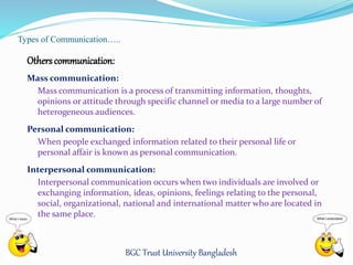 Others communication: 
Mass communication: 
Mass communication is a process of transmitting information, thoughts, 
opinions or attitude through specific channel or media to a large number of 
heterogeneous audiences. 
Personal communication: 
When people exchanged information related to their personal life or 
personal affair is known as personal communication. 
Interpersonal communication: 
Interpersonal communication occurs when two individuals are involved or 
exchanging information, ideas, opinions, feelings relating to the personal, 
social, organizational, national and international matter who are located in 
the same place. 
BGC Trust University Bangladesh 
Types of Communication….. 
 