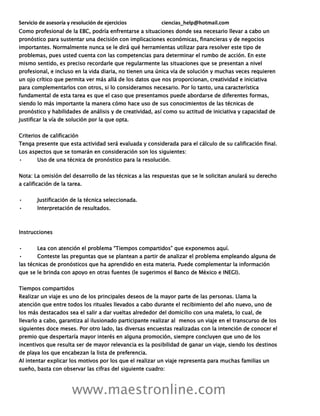 Servicio de asesoría y resolución de ejercicios ciencias_help@hotmail.com
www.maestronline.com
Como profesional de la EBC, podría enfrentarse a situaciones donde sea necesario llevar a cabo un
pronóstico para sustentar una decisión con implicaciones económicas, financieras y de negocios
importantes. Normalmente nunca se le dirá qué herramientas utilizar para resolver este tipo de
problemas, pues usted cuenta con las competencias para determinar el rumbo de acción. En este
mismo sentido, es preciso recordarle que regularmente las situaciones que se presentan a nivel
profesional, e incluso en la vida diaria, no tienen una única vía de solución y muchas veces requieren
un ojo crítico que permita ver más allá de los datos que nos proporcionan, creatividad e iniciativa
para complementarlos con otros, si lo consideramos necesario. Por lo tanto, una característica
fundamental de esta tarea es que el caso que presentamos puede abordarse de diferentes formas,
siendo lo más importante la manera cómo hace uso de sus conocimientos de las técnicas de
pronóstico y habilidades de análisis y de creatividad, así como su actitud de iniciativa y capacidad de
justificar la vía de solución por la que opta.
Criterios de calificación
Tenga presente que esta actividad será evaluada y considerada para el cálculo de su calificación final.
Los aspectos que se tomarán en consideración son los siguientes:
• Uso de una técnica de pronóstico para la resolución.
Nota: La omisión del desarrollo de las técnicas a las respuestas que se le solicitan anulará su derecho
a calificación de la tarea.
• Justificación de la técnica seleccionada.
• Interpretación de resultados.
Instrucciones
• Lea con atención el problema “Tiempos compartidos” que exponemos aquí.
• Conteste las preguntas que se plantean a partir de analizar el problema empleando alguna de
las técnicas de pronósticos que ha aprendido en esta materia. Puede complementar la información
que se le brinda con apoyo en otras fuentes (le sugerimos el Banco de México e INEGI).
Tiempos compartidos
Realizar un viaje es uno de los principales deseos de la mayor parte de las personas. Llama la
atención que entre todos los rituales llevados a cabo durante el recibimiento del año nuevo, uno de
los más destacados sea el salir a dar vueltas alrededor del domicilio con una maleta, lo cual, de
llevarlo a cabo, garantiza al ilusionado participante realizar al menos un viaje en el transcurso de los
siguientes doce meses. Por otro lado, las diversas encuestas realizadas con la intención de conocer el
premio que despertaría mayor interés en alguna promoción, siempre concluyen que uno de los
incentivos que resulta ser de mayor relevancia es la posibilidad de ganar un viaje, siendo los destinos
de playa los que encabezan la lista de preferencia.
Al intentar explicar los motivos por los que el realizar un viaje representa para muchas familias un
sueño, basta con observar las cifras del siguiente cuadro:
 