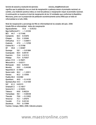 Servicio de asesoría y resolución de ejercicios ciencias_help@hotmail.com
www.maestronline.com
significa que la población vive un nivel de marginación o pobreza menor al promedio nacional; en
cambio, una medición positiva indica un nivel de pobreza o marginación mayor al promedio nacional.
A continuación se muestra el nivel de marginación de las 32 entidades que conforman la República
Mexicana, junto con la proporción de población económicamente activa (PEA) que se halla en
informalidad en el año 2006.
Nivel de marginación y porcentaje de PEA en informalidad de los estados del país. 2006
Estado PEA en informalidad Indice de marginación
Aguascalientes 55.6 ― 0.95352
Baja California47.1 ― 1.25336
BCS 44.7 ― 0.71946
Campeche 66.5 0.55876
Chiapas 76.4 2.32646
Chihuahua 51.7 ― 0.68411
Coahuila 47.9 ― 1.13709
Colima58.1 ― 0.73788
DF 49.8 ― 1.50487
Durango 58.1 ― 0.01884
Guanajuato 60.4 0.09191
Guerrero 72.8 2.41213
Hidalgo 73.4 0.75057
Jalisco 57.0 ― 0.76871
México64.4 ― 0.62211
Michoacán 69.0 0.45654
Morelos 69.0 ― 0.44346
Nayarit62.9 0.19052
Nuevo León 46.2 ― 1.32611
Oaxaca 82.2 2.12936
Puebla 68.4 0.63482
Querétaro 46.0 ― 0.14165
Quintana Roo 54.5 ― 0.31569
SLP 61.5 0.65573
Sinaloa67.2 ― 0.14817
Sonora52.1 ― 0.74955
Tabasco 69.6 0.46224
Tamaulipas 48.1 ― 0.68338
Tlaxcala 79.6 ― 0.12922
Veracruz 72.1 1.07674
Yucatán 71.4 0.43144
Zacatecas 70.5 0.15999
Fuentes: Conapo, INEGI, 2006. Cálculos propios
 