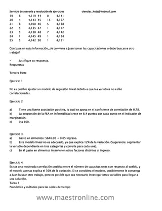 Servicio de asesoría y resolución de ejercicios ciencias_help@hotmail.com
www.maestronline.com
19 6 4,119 44 0 4,141
20 4 4,143 45 15 4,167
21 6 4,160 46 5 4,138
22 5 4,135 47 1 4,117
23 5 4,130 48 7 4,142
24 1 4,145 49 1 4,124
25 5 4,142 50 1 4,121
Con base en esta información, ¿le conviene a Juan tomar las capacitaciones o debe buscarse otro
trabajo?
Justifique su respuesta.
Respuestas
Tercera Parte
Ejercicio 1
No es posible ajustar un modelo de regresión lineal debido a que las variables no están
correlacionadas.
Ejercicio 2
a) Tiene una fuerte asociación positiva, lo cual se apoya en el coeficiente de correlación de 0.78.
b) La proporción de la PEA en informalidad crece en 8.4 puntos por cada punto en el indicador de
marginación.
c) 0 a 100.
Ejercicio 3
a) Gasto en alimentos: 5646.96 + 0.05 Ingreso.
b) Este modelo lineal no es adecuado, ya que explica 12% de la variación. (Sugerencia: segmentar
la variable dependiente en tres categorías y correrla para cada una).
c) En el gasto en alimentos intervienen otros factores distintos al ingreso.
Ejercicio 4
Existe una moderada correlación positiva entre el número de capacitaciones con respecto al sueldo, y
el modelo apenas explica el 30% de la variación. Si se considera el modelo, posiblemente le convenga
a Juan buscar otro trabajo, pero es posible que sea necesario investigar otras variables para llegar a
una solución.
Tarea 1
Pronóstico y métodos para las series de tiempo
 