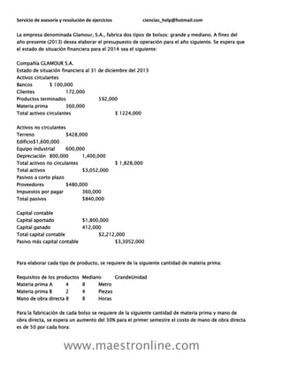 Servicio de asesoría y resolución de ejercicios ciencias_help@hotmail.com
www.maestronline.com
La empresa denominada Glamour, S.A., fabrica dos tipos de bolsos: grande y mediano. A fines del
año presente (2013) desea elaborar el presupuesto de operación para el año siguiente. Se espera que
el estado de situación financiera para el 2014 sea el siguiente:
Compañía GLAMOUR S.A.
Estado de situación financiera al 31 de diciembre del 2013
Activos circulantes
Bancos $ 100,000
Clientes 172,000
Productos terminados 592,000
Materia prima 360,000
Total activos circulantes $ 1224,000
Activos no circulantes
Terreno $428,000
Edificio$1,600,000
Equipo industrial 600,000
Depreciación 800,000 1,400,000
Total activos no circulantes $ 1,828,000
Total activos $3,052,000
Pasivos a corto plazo
Proveedores $480,000
Impuestos por pagar 360,000
Total pasivos $840,000
Capital contable
Capital aportado $1,800,000
Capital ganado 412,000
Total capital contable $2,212,000
Pasivo más capital contable $3,3052,000
Para elaborar cada tipo de producto, se requiere de la siguiente cantidad de materia prima:
Requisitos de los productos Mediano GrandeUnidad
Materia prima A 4 8 Metro
Materia prima B 2 4 Piezas
Mano de obra directa 8 8 Horas
Para la fabricación de cada bolso se requiere de la siguiente cantidad de materia prima y mano de
obra directa, se espera un aumento del 30% para el primer semestre el costo de mano de obra directa
es de 50 por cada hora:
 