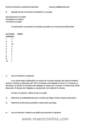 Servicio de asesoría y resolución de ejercicios ciencias_help@hotmail.com
www.maestronline.com
e) Después de que se termina la actividad (7), se puede:
(8) Inspeccionar la unidad
(9) Empacar la unidad y
(10) Enviar la unidad
A continuación se presentan los tiempos asociados con el proceso de fabricación:
ACTIVIDAD TIEMPO
(SEMANAS)
1 4
2 2
3 10
4 3
5 2
6 4
7 3
8 1
9 1
10 1
5.- Lee con atención lo siguiente:
Si un cliente llega a McDonald’s en menos de 4 minutos después del cliente inmediato
anterior, recibiría un descuento del 10%. Si el tiempo entre llegadas es entre 4 y 5 minutos, el
descuento, es del 6%. Si el tiempo entre llegadas es mayor que 5 minutos, el cliente tiene 2% de
descuento. El tiempo entre llegadas es exponencial, con media de 6 minutos.
En base a lo anterior, realiza lo que se te pide:
a) Determina la probabilidad de que un cliente que llegue reciba el máximo descuento.
b) Determina el descuento promedio a cada cliente que llega.
6.- Lee con atención y elabora una gráfica que describa lo siguiente.
 