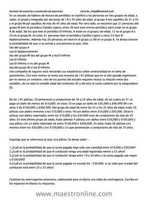 Servicio de asesoría y resolución de ejercicios ciencias_help@hotmail.com
www.maestronline.com
En un estudio de hábitos de lectura de periódico se clasificó a las personas en tres grupos de edad, a
saber, el grupo J integrado por personas de 18 a 30 años de edad, el grupo A por aquéllos de 31 a 45
y el grupo M por aquéllos de más de 45 años de edad. Por otro lado, se encontró que 21 personas del
grupo M leen el periódico Cambio Ligero, otros 26 leen este mismo periódico pero están en el grupo
A de edad. De los que leen el periódico El Infinito, 4 están en el grupo J de edad, 12 en el grupo A y
24 en el grupo M. En total, 61 personas leen el periódico Cambio Ligero y otros 53 leen El
Apalancamiento. Además hay 26 personas en total en el grupo J y 68 en el grupo A. Se desea conocer
la probabilidad de que si se extrae a una persona al azar, ésta.
Sea del grupo A
Lea El Apalancamiento
Sea del grupo M Sea del grupo M y lea El Infinito
Lea El Infinito
Lea El Infinito si es del grupo M
Sea del grupo M si lee El Infinito
Una compañía de seguros está revisando sus estadísticas sobre siniestralidad en el ramo de
automóviles. Con este motivo se toma una muestra de 145 pólizas que en el año pasado registraron
por lo menos un siniestro. Uno de los puntos del estudio requiere revisar la relación entre dos
variables, de un lado la variable edad del conductor (E) y del otro la suma cubierta por la aseguradora
(S).
De las 145 pólizas, 59 pertenecen a conductores de 18 a 24 años de edad, de las cuales en 31 se
pago un daño de menos de $10,000, en otras 10 se pago un daño de $30,000 a $99,999.99 y en
otras 4 de $100,000 a $300 000. Del grupo de edad de entre los 25 y los 35 años de edad, hubo 30
pólizas con daños menores a los $10,000 y otras 18 con daños entre $10,000 y $30,000. Otras 6
pólizas con daños reportados entre los $10,000 y los $30,000 eran de conductores de más de 35
años. En este último grupo de edad, hubo además 4 pólizas con daños entre $30,000 y $100,000 y
una póliza con un daño reportado de entre $100,000 y $300,000. En total, hubo 26 pólizas con
montos entre los $30,000 y los $100,000 y 23 que pertenecían a conductores de más de 35 años.
Suponga que se selecciona al azar una póliza. Se desea saber …
1.¿Cuál es la probabilidad de que la suma pagada haya sido una cantidad entre $10,000 y $30,000?
2.¿Cuál es la probabilidad de que el conductor tenga una edad registrada menor a 35 años?
3.¿Cuál es la probabilidad de que el conductor tenga entre 18 y 24 años y la suma pagada sea mayor
a $100,000?
4.¿Cuál es la probabilidad de que la suma pagada no exceda los •$30,000, si se sabe que la edad del
conductor está entre 25 y 35 años?
Contesta las interrogantes anteriores, elaborando para el efecto una tabla de contingencia. Escribe en
los espacios en blanco tu respuesta.
 