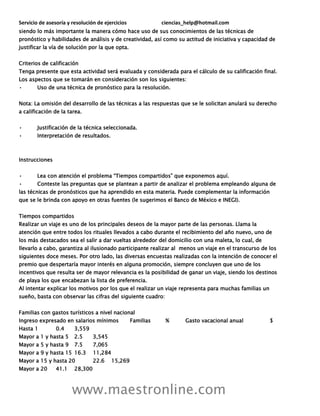 Servicio de asesoría y resolución de ejercicios ciencias_help@hotmail.com
www.maestronline.com
siendo lo más importante la manera cómo hace uso de sus conocimientos de las técnicas de
pronóstico y habilidades de análisis y de creatividad, así como su actitud de iniciativa y capacidad de
justificar la vía de solución por la que opta.
Criterios de calificación
Tenga presente que esta actividad será evaluada y considerada para el cálculo de su calificación final.
Los aspectos que se tomarán en consideración son los siguientes:
• Uso de una técnica de pronóstico para la resolución.
Nota: La omisión del desarrollo de las técnicas a las respuestas que se le solicitan anulará su derecho
a calificación de la tarea.
• Justificación de la técnica seleccionada.
• Interpretación de resultados.
Instrucciones
• Lea con atención el problema “Tiempos compartidos” que exponemos aquí.
• Conteste las preguntas que se plantean a partir de analizar el problema empleando alguna de
las técnicas de pronósticos que ha aprendido en esta materia. Puede complementar la información
que se le brinda con apoyo en otras fuentes (le sugerimos el Banco de México e INEGI).
Tiempos compartidos
Realizar un viaje es uno de los principales deseos de la mayor parte de las personas. Llama la
atención que entre todos los rituales llevados a cabo durante el recibimiento del año nuevo, uno de
los más destacados sea el salir a dar vueltas alrededor del domicilio con una maleta, lo cual, de
llevarlo a cabo, garantiza al ilusionado participante realizar al menos un viaje en el transcurso de los
siguientes doce meses. Por otro lado, las diversas encuestas realizadas con la intención de conocer el
premio que despertaría mayor interés en alguna promoción, siempre concluyen que uno de los
incentivos que resulta ser de mayor relevancia es la posibilidad de ganar un viaje, siendo los destinos
de playa los que encabezan la lista de preferencia.
Al intentar explicar los motivos por los que el realizar un viaje representa para muchas familias un
sueño, basta con observar las cifras del siguiente cuadro:
Familias con gastos turísticos a nivel nacional
Ingreso expresado en salarios mínimos Familias % Gasto vacacional anual $
Hasta 1 0.4 3,559
Mayor a 1 y hasta 5 2.5 3,545
Mayor a 5 y hasta 9 7.5 7,065
Mayor a 9 y hasta 15 16.3 11,284
Mayor a 15 y hasta 20 22.6 15,269
Mayor a 20 41.1 28,300
 