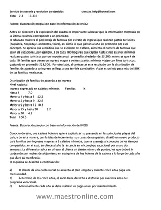 Servicio de asesoría y resolución de ejercicios ciencias_help@hotmail.com
www.maestronline.com
Total 7.3 13,337
Fuente: Elaboración propia con base en información de INEGI
Antes de proceder a la explicación del cuadro es importante subrayar que la información mostrada en
la última columna corresponde a un promedio.
El tabulado muestra el porcentaje de familias por estrato de ingreso que realizan gastos turísticos
(paquetes, hospedaje, alimentos, tours), así como lo que gastan al año en promedio por este
concepto. Se aprecia que a medida que se asciende de estrato, aumenta el número de familias que
salen de vacaciones, por ejemplo, 3 de cada 100 hogares que captan hasta cinco salarios mínimos
realizan gastos turísticos por un importe anual promedio alrededor de $3,500, mientras que 4 de
cada 10 familias que tienen un ingreso mayor a veinte salarios mínimos viajan con fines turísticos,
gastando en promedio $28,300. Por otro lado, al contrastar este resultado con la distribución de
familias de acuerdo a su ingreso se llega a una terrible conclusión: Viajar es un lujo para más del 80%
de las familias mexicanas.
Distribución de familias de acuerdo a su ingreso
Nivel nacional
Ingreso expresado en salarios mínimos Familias %
Hasta 1 7.0
Mayor a 1 y hasta 5 52.2
Mayor a 5 y hasta 9 22.6
Mayor a 9 y hasta 15 10.8
Mayor a 15 y hasta 20 3.2
Mayor a 20 4.2
Total 100.0
Fuente: Elaboración propia con base en información de INEGI
Conociendo esto, una cadena hotelera quiere capitalizar su presencia en las principales playas del
país, y de esta manera, con la idea de incrementar sus tasas de ocupación, diseñó un nuevo producto
para familias con ingresos mayores a 9 salarios mínimos, que se asemeja al concepto de los tiempos
compartidos, en el cual, se ofrece al año la estancia en el complejo vacacional por una o dos
semanas. La diferencia radica en ofrecer al cliente un cierto número de puntos, los que deberá ir
canjeando por noches de alojamiento en cualquiera de los hoteles de la cadena a lo largo de cada año
que dure su membresía.
El esquema se describe a continuación:
a) El cliente da una cuota inicial de acuerdo al plan elegido y durante cinco años paga una
mensualidad.
b) Al término de los cinco años, el socio tiene derecho a disfrutar por cuarenta años del
programa vacacional.
c) Adicionalmente cada año se debe realizar un pago anual por mantenimiento.
 