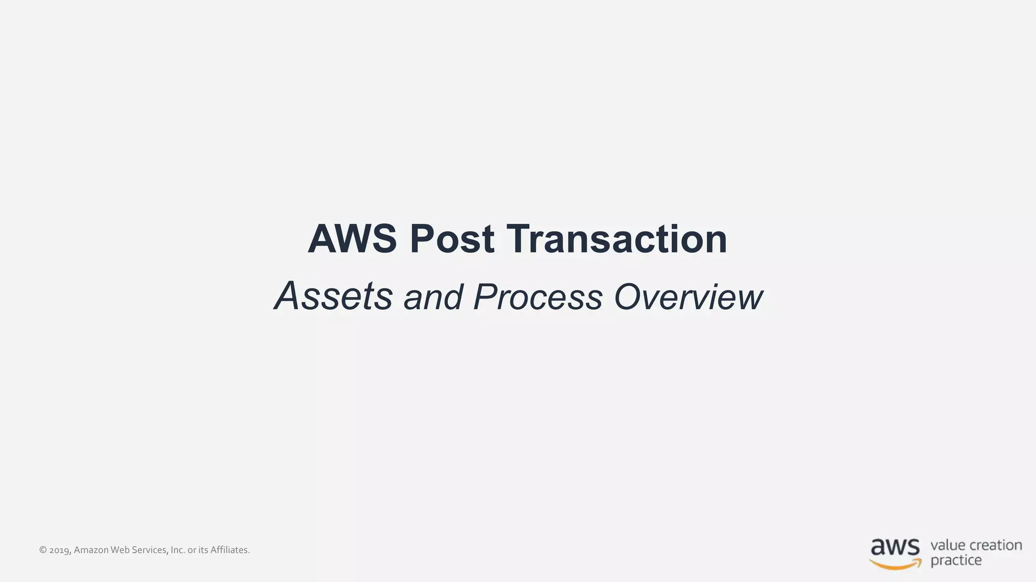 © 2019, Amazon Web Services, Inc. or its Affiliates.
AWS Post Transaction
Assets and Process Overview
 