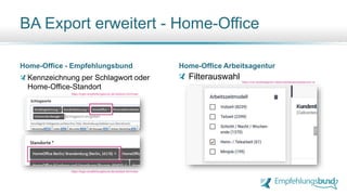 BA Export erweitert - Home-Office
Home-Office - Empfehlungsbund Home-Office Arbeitsagentur
Filterauswahl
https://login.empfehlungsbund.de/next/job-form/new
https://login.empfehlungsbund.de/next/job-form/new
https://con.arbeitsagentur.de/prod/jobboerse/jobsuche-ui/
Kennzeichnung per Schlagwort oder
Home-Office-Standort
 
