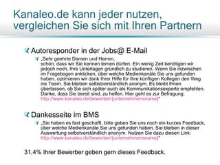 Kanaleo.de kann jeder nutzen,
vergleichen Sie sich mit Ihren Partnern
Autoresponder in der Jobs@ E-Mail
„Sehr geehrte Damen und Herren,
schön, dass wir Sie kennen lernen dürfen. Ein wenig Zeit benötigen wir
jedoch noch, Ihre Unterlagen gründlich zu studieren. Wenn Sie inzwischen
im Fragebogen anklicken, über welche Medienkanäle Sie uns gefunden
haben, optimieren wir dank Ihrer Hilfe für Ihre künftigen Kollegen den Weg
ins Team. Sie bleiben selbstverständlich anonym. Es bleibt Ihnen
überlassen, ob Sie sich später auch als Kommunikationsexperte empfehlen.
Danke, dass Sie bereit sind, zu helfen. Hier geht es zur Befragung:
http://www.kanaleo.de/bewerber/{unternehmensname}“
Dankesseite im BMS
„Sie haben es fast geschafft, bitte geben Sie uns noch ein kurzes Feedback,
über welche Medienkanäle Sie uns gefunden haben. Sie bleiben in dieser
Auswertung selbstverständlich anonym. Nutzen Sie dazu diesen Link:
http://www.kanaleo.de/bewerber/{unternehmensname}“
31,4% Ihrer Bewerber geben gern dieses Feedback.
 
