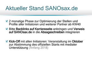 Aktueller Stand SANOsax.de
2 monatige Phase zur Optimierung der Stellen und
Profile aller Initiatoren und weiterer Partner ab KW40
Bitte Backlinks auf Karriereseite anbringen und Verweis
auf SANOsax.de in die Absageschreiben integrieren
Kick-Off mit allen Initiatoren: Veranstaltung im Oktober
zur Abstimmung des offiziellen Starts mit medialer
Unterstützung (Anfang 2018)
 