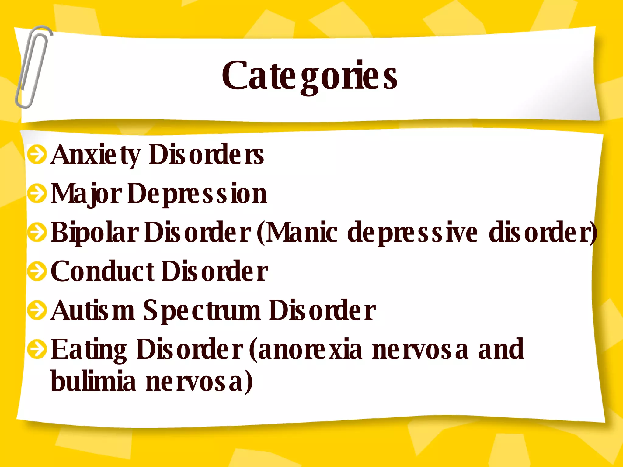 Categories Anxiety Disorders Major Depression Bipolar Disorder (Manic depressive disorder) Conduct Disorder Autism Spectrum Disorder Eating Disorder (anorexia nervosa and bulimia nervosa) 