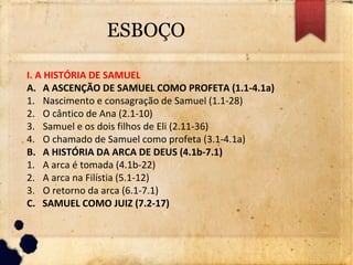 ESBOÇO
I. A HISTÓRIA DE SAMUEL
A. A ASCENÇÃO DE SAMUEL COMO PROFETA (1.1-4.1a)
1. Nascimento e consagração de Samuel (1.1-28)
2. O cântico de Ana (2.1-10)
3. Samuel e os dois filhos de Eli (2.11-36)
4. O chamado de Samuel como profeta (3.1-4.1a)
B. A HISTÓRIA DA ARCA DE DEUS (4.1b-7.1)
1. A arca é tomada (4.1b-22)
2. A arca na Filístia (5.1-12)
3. O retorno da arca (6.1-7.1)
C. SAMUEL COMO JUIZ (7.2-17)
 