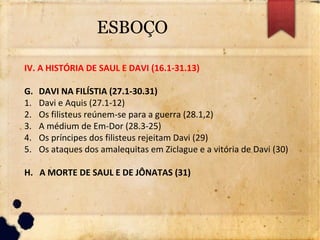 ESBOÇO
IV. A HISTÓRIA DE SAUL E DAVI (16.1-31.13)
G. DAVI NA FILÍSTIA (27.1-30.31)
1. Davi e Aquis (27.1-12)
2. Os filisteus reúnem-se para a guerra (28.1,2)
3. A médium de Em-Dor (28.3-25)
4. Os príncipes dos filisteus rejeitam Davi (29)
5. Os ataques dos amalequitas em Ziclague e a vitória de Davi (30)
H. A MORTE DE SAUL E DE JÔNATAS (31)
 