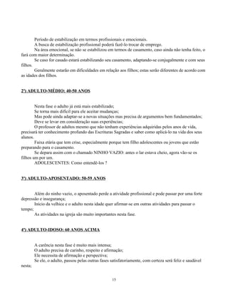 Período de estabilização em termos profissionais e emocionais.
        A busca de estabilização profissional poderá fazê-lo trocar de emprego.
        Na área emocional, se não se estabilizou em termos de casamento, caso ainda não tenha feito, o
fará com maior determinação.
        Se caso for casado estará estabilizando seu casamento, adaptando-se conjugalmente e com seus
filhos.
        Geralmente estarão em dificuldades em relação aos filhos; estas serão diferentes de acordo com
as idades dos filhos.


2ª) ADULTO-MÉDIO: 40-50 ANOS


        Nesta fase o adulto já está mais estabilizado;
        Se torna mais difícil para ele aceitar mudanças;
        Mas pode ainda adaptar-se a novas situações mas precisa de argumentos bem fundamentados;
        Deve se levar em consideração suas experiências;
        O professor de adultos mesmo que não tenham experiências adquiridas pelos anos de vida,
precisará ter conhecimento profundo das Escrituras Sagradas e saber como aplicá-lo na vida dos seus
alunos.
        Faixa etária que tem crise, especialmente porque tem filho adolescentes ou jovens que estão
preparando para o casamento.
        Se depara assim com o chamado NINHO VAZIO: antes o lar estava cheio, agora vão-se os
filhos um por um.
        ADOLESCENTES: Como entendê-los ?


3ª) ADULTO-APOSENTADO: 50-59 ANOS


       Além do ninho vazio, o aposentado perde a atividade profissional e pode passar por uma forte
depressão e insegurança;
       Início da velhice e o adulto nesta idade quer afirmar-se em outras atividades para passar o
tempo;
       As atividades na igreja são muito importantes nesta fase.


4ª) ADULTO-IDOSO: 60 ANOS ACIMA


         A carência nesta fase é muito mais intensa;
         O adulto precisa de carinho, respeito e afirmação;
         Ele necessita de afirmação e perspectiva;
         Se ele, o adulto, passou pelas outras fases satisfatoriamente, com certeza será feliz e saudável
nesta;


                                                     15
 