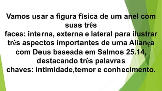 Vamos usar a figura física de um anel com
suas três
faces: interna, externa e lateral para ilustrar
três aspectos importantes de uma Aliança
com Deus baseada em Salmos 25.14,
destacando três palavras
chaves: intimidade,temor e conhecimento.
 