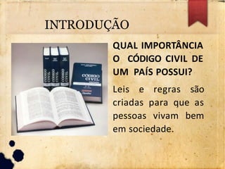 QUAL IMPORTÂNCIA
O CÓDIGO CIVIL DE
UM PAÍS POSSUI?
Leis e regras são
criadas para que as
pessoas vivam bem
em sociedade.
INTRODUÇÃO
 