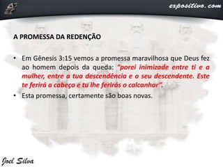 A PROMESSA DA REDENÇÃO
• Em Gênesis 3:15 vemos a promessa maravilhosa que Deus fez
ao homem depois da queda: “porei inimizade entre ti e a
mulher, entre a tua descendência e o seu descendente. Este
te ferirá a cabeça e tu lhe ferirás o calcanhar”.
• Esta promessa, certamente são boas novas.
 