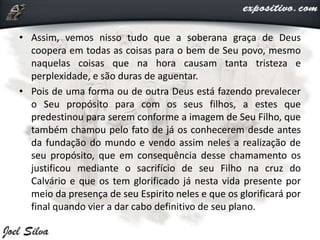 • Assim, vemos nisso tudo que a soberana graça de Deus
coopera em todas as coisas para o bem de Seu povo, mesmo
naquelas coisas que na hora causam tanta tristeza e
perplexidade, e são duras de aguentar.
• Pois de uma forma ou de outra Deus está fazendo prevalecer
o Seu propósito para com os seus filhos, a estes que
predestinou para serem conforme a imagem de Seu Filho, que
também chamou pelo fato de já os conhecerem desde antes
da fundação do mundo e vendo assim neles a realização de
seu propósito, que em consequência desse chamamento os
justificou mediante o sacrifício de seu Filho na cruz do
Calvário e que os tem glorificado já nesta vida presente por
meio da presença de seu Espirito neles e que os glorificará por
final quando vier a dar cabo definitivo de seu plano.
 