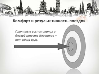 Комфорт и результативность поездок
Приятные воспоминания и
благодарность Клиентов –
вот наша цель
 