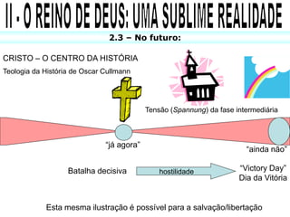 2.3 – No futuro:

CRISTO – O CENTRO DA HISTÓRIA
Teologia da História de Oscar Cullmann




                                           Tensão (Spannung) da fase intermediária



                              “já agora”
                                                                        “ainda não”

                   Batalha decisiva            hostilidade            “Victory Day”
                                                                      Dia da Vitória


            Esta mesma ilustração é possível para a salvação/libertação
 