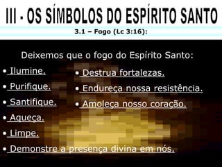 3.1 – Fogo (Lc 3:16):


    Deixemos que o fogo do Espírito Santo:
• Ilumine.      • Destrua fortalezas.
• Purifique.    • Endureça nossa resistência.
• Santifique.   • Amoleça nosso coração.
• Aqueça.
• Limpe.
• Demonstre a presença divina em nós.
 