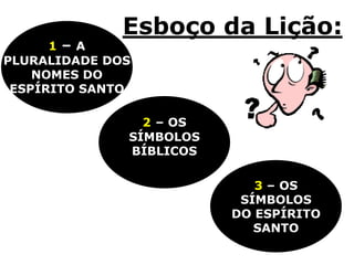 Esboço da Lição:
      1– A
PLURALIDADE DOS
    NOMES DO
 ESPÍRITO SANTO

                2 – OS
              SÍMBOLOS
              BÍBLICOS

                            3 – OS
                          SÍMBOLOS
                         DO ESPÍRITO
                            SANTO
 