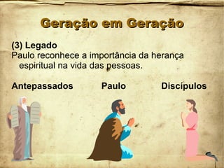 Geração em GeraçãoGeração em Geração
(3) Legado
Paulo reconhece a importância da herança
espiritual na vida das pessoas.
Antepassados Paulo Discípulos
 