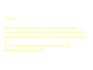 Dia do Senhor: Juízo
2.1-11
Joel descreve o que se viu durante a praga:
trevas causadas pelo número de gafanhotos (2);
destruição (3); barulho (5); nuvem indestrutível (7-
9).
2.11 – Entende que o Senhor enviou os
gafanhotos sobre Judá
 