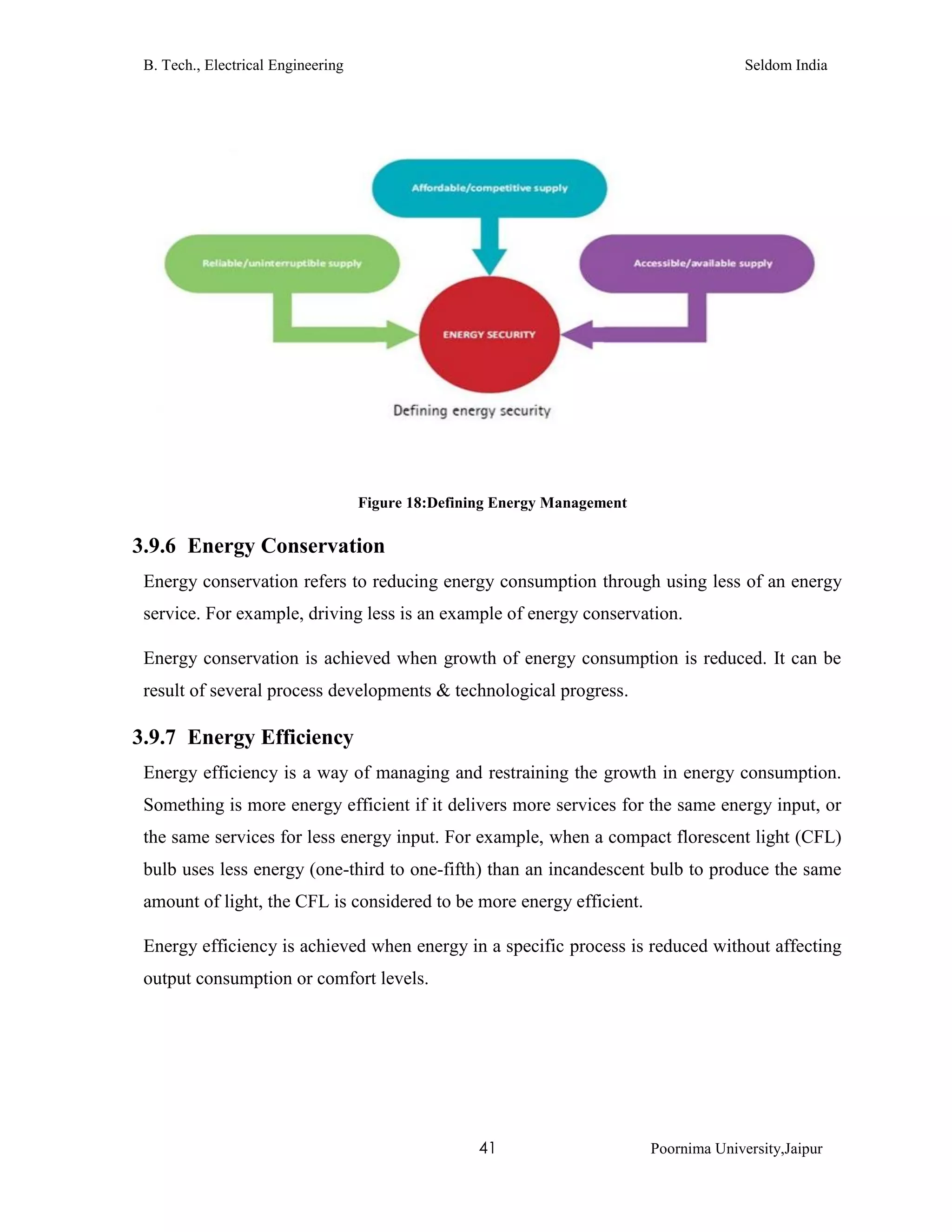 B. Tech., Electrical Engineering Seldom India
41 Poornima University,Jaipur
Figure 18:Defining Energy Management
3.9.6 Energy Conservation
Energy conservation refers to reducing energy consumption through using less of an energy
service. For example, driving less is an example of energy conservation.
Energy conservation is achieved when growth of energy consumption is reduced. It can be
result of several process developments & technological progress.
3.9.7 Energy Efficiency
Energy efficiency is a way of managing and restraining the growth in energy consumption.
Something is more energy efficient if it delivers more services for the same energy input, or
the same services for less energy input. For example, when a compact florescent light (CFL)
bulb uses less energy (one-third to one-fifth) than an incandescent bulb to produce the same
amount of light, the CFL is considered to be more energy efficient.
Energy efficiency is achieved when energy in a specific process is reduced without affecting
output consumption or comfort levels.
 