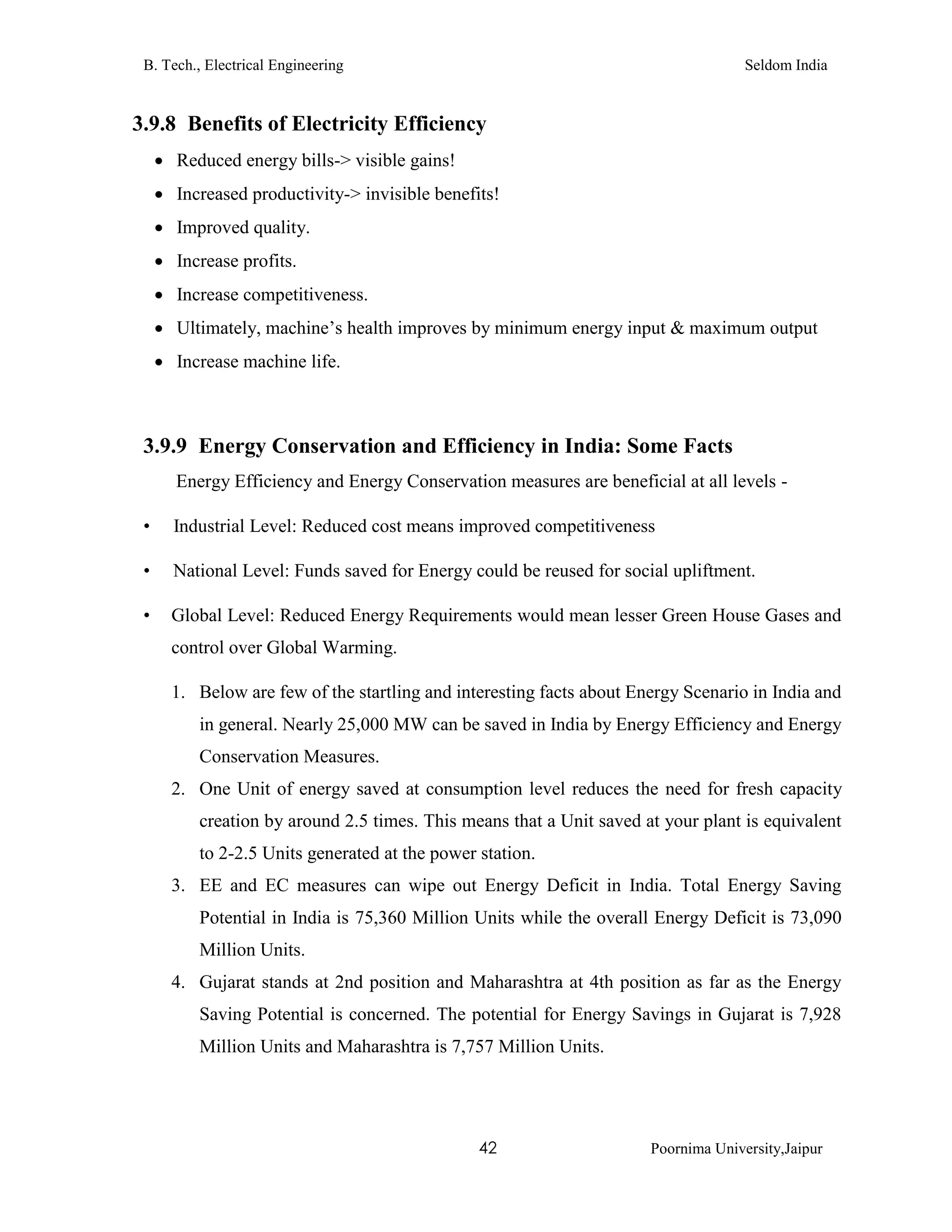 B. Tech., Electrical Engineering Seldom India
42 Poornima University,Jaipur
3.9.8 Benefits of Electricity Efficiency
 Reduced energy bills-> visible gains!
 Increased productivity-> invisible benefits!
 Improved quality.
 Increase profits.
 Increase competitiveness.
 Ultimately, machine’s health improves by minimum energy input & maximum output
 Increase machine life.
3.9.9 Energy Conservation and Efficiency in India: Some Facts
Energy Efficiency and Energy Conservation measures are beneficial at all levels -
• Industrial Level: Reduced cost means improved competitiveness
• National Level: Funds saved for Energy could be reused for social upliftment.
• Global Level: Reduced Energy Requirements would mean lesser Green House Gases and
control over Global Warming.
1. Below are few of the startling and interesting facts about Energy Scenario in India and
in general. Nearly 25,000 MW can be saved in India by Energy Efficiency and Energy
Conservation Measures.
2. One Unit of energy saved at consumption level reduces the need for fresh capacity
creation by around 2.5 times. This means that a Unit saved at your plant is equivalent
to 2-2.5 Units generated at the power station.
3. EE and EC measures can wipe out Energy Deficit in India. Total Energy Saving
Potential in India is 75,360 Million Units while the overall Energy Deficit is 73,090
Million Units.
4. Gujarat stands at 2nd position and Maharashtra at 4th position as far as the Energy
Saving Potential is concerned. The potential for Energy Savings in Gujarat is 7,928
Million Units and Maharashtra is 7,757 Million Units.
 
