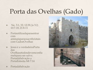 Porta das Ovelhas (Gado) Ne. 3:1, 32; 12:39; Jo 5:2; 10:7-18; 21:8-11 	Portautilizadaparaentrar com animaisparaosacrifíciotais com GadoeOvelhasJesus é a verdadeiraPorta das Ovelhasetodosdevemconfiarnelepara ser salvo. PortadaSalvação a PortaEstreita Mt 7:14 PortadaSalvação
