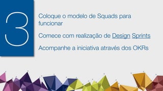 3
Coloque o modelo de Squads para
funcionar
Comece com realização de Design Sprints
Acompanhe a iniciativa através dos OKRs
 