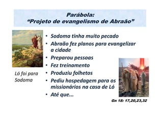 Parábola:
     “Projeto de evangelismo de Abraão”

              • Sodoma tinha muito pecado
              • Abraão fez planos para evangelizar
                a cidade
              • Preparou pessoas
              • Fez treinamento
Ló foi para   • Produziu folhetos
Sodoma        • Pediu hospedagem para os
                missionários na casa de Ló
              • Até que...
                                        Gn 18: 17,20,23,32
 