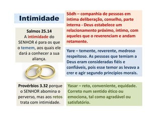 Sôdh – companhia de pessoas em
Intimidade                íntima deliberação, conselho, parte
                          interna - Deus estabelece um
     Salmos 25.14         relacionamento próximo, íntimo, com
    A intimidade do       aqueles que o reverenciam e andam
SENHOR é para os que      retamente.
o temem, aos quais ele
                          Yare – temente, reverente, medroso
 dará a conhecer a sua
                          respeitoso. As pessoas que temiam a
         aliança.
                          Deus eram consideradas fiéis e
                          confiáveis, pois esse temor as levava a
                          crer e agir segundo princípios morais.

Provérbios 3.32 porque    Yasar – reto, conveniente, equidade.
 o SENHOR abomina o       Correto num sentido ético ou
perverso, mas aos retos   emociona, tal como agradável ou
 trata com intimidade.    satisfatório.
 
