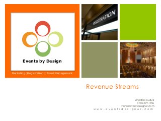Events by Design

Marketing |Registration | Event Management




                                             Revenue Streams
                                                                             Vinodhini Kudva
                                                                               o 703.579.1496
                                                                   vinnu@eventsdesigner.com
                                               w w w . e v e n t s d e s i g n e r . c o m
 