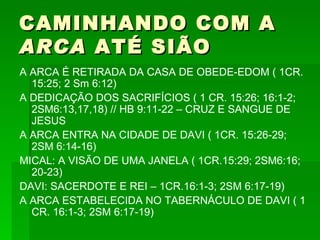 CAMINHANDO COM A  ARCA  ATÉ SIÃO A ARCA É RETIRADA DA CASA DE OBEDE-EDOM ( 1CR. 15:25; 2 Sm 6:12) A DEDICAÇÃO DOS SACRIFÍCIOS ( 1 CR. 15:26; 16:1-2; 2SM6:13,17,18) // HB 9:11-22 – CRUZ E SANGUE DE JESUS A ARCA ENTRA NA CIDADE DE DAVI ( 1CR. 15:26-29; 2SM 6:14-16) MICAL: A VISÃO DE UMA JANELA ( 1CR.15:29; 2SM6:16; 20-23) DAVI: SACERDOTE E REI – 1CR.16:1-3; 2SM 6:17-19) A ARCA ESTABELECIDA NO TABERNÁCULO DE DAVI ( 1 CR. 16:1-3; 2SM 6:17-19) 