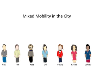 Mixed	
  Mobility	
  in	
  the	
  City	
  




Gus	
  	
     	
     	
  Ian	
   	
      	
     	
  Ross	
     	
     	
  Uni	
   	
     	
     	
  Becky   	
     	
  Rachel	
   	
     	
  Larissa	
  
 