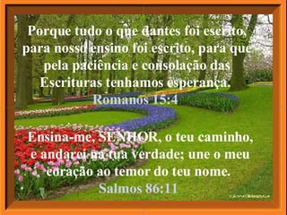 Porque tudo o que dantes foi escrito, para nosso ensino foi escrito, para que pela paciência e consolação das Escrituras tenhamos esperança.  Romanos 15:4   Ensina-me, SENHOR, o teu caminho, e andarei na tua verdade; une o meu coração ao temor do teu nome.  Salmos 86:11   