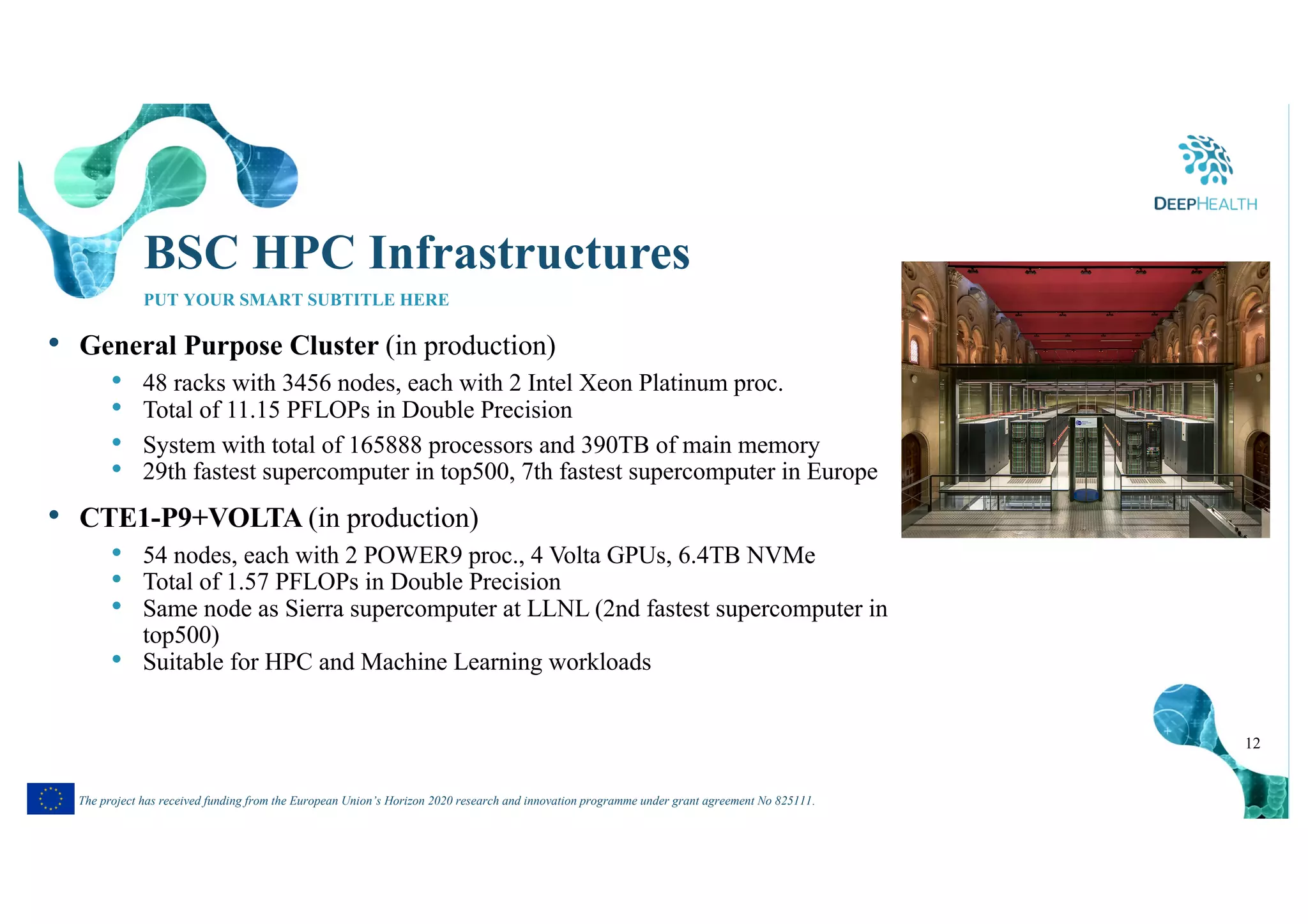 12
The project has received funding from the European Union’s Horizon 2020 research and innovation programme under grant agreement No 825111.
BSC HPC Infrastructures
PUT YOUR SMART SUBTITLE HERE
• General Purpose Cluster (in production)
• 48 racks with 3456 nodes, each with 2 Intel Xeon Platinum proc.
• Total of 11.15 PFLOPs in Double Precision
• System with total of 165888 processors and 390TB of main memory
• 29th fastest supercomputer in top500, 7th fastest supercomputer in Europe
• CTE1-P9+VOLTA (in production)
• 54 nodes, each with 2 POWER9 proc., 4 Volta GPUs, 6.4TB NVMe
• Total of 1.57 PFLOPs in Double Precision
• Same node as Sierra supercomputer at LLNL (2nd fastest supercomputer in
top500)
• Suitable for HPC and Machine Learning workloads
 