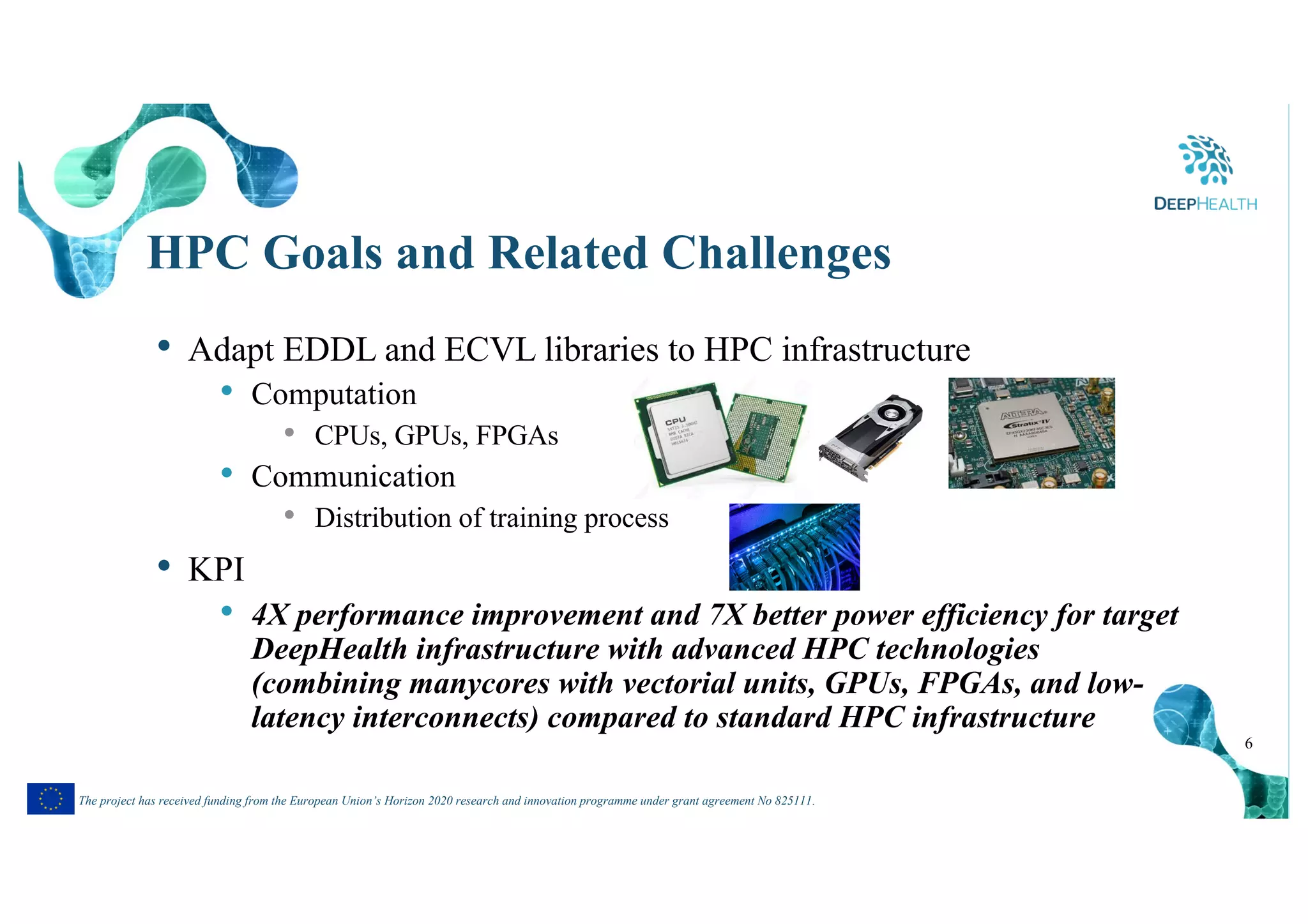 6
The project has received funding from the European Union’s Horizon 2020 research and innovation programme under grant agreement No 825111.
HPC Goals and Related Challenges
• Adapt EDDL and ECVL libraries to HPC infrastructure
• Computation
• CPUs, GPUs, FPGAs
• Communication
• Distribution of training process
• KPI
• 4X performance improvement and 7X better power efficiency for target
DeepHealth infrastructure with advanced HPC technologies
(combining manycores with vectorial units, GPUs, FPGAs, and low-
latency interconnects) compared to standard HPC infrastructure
 