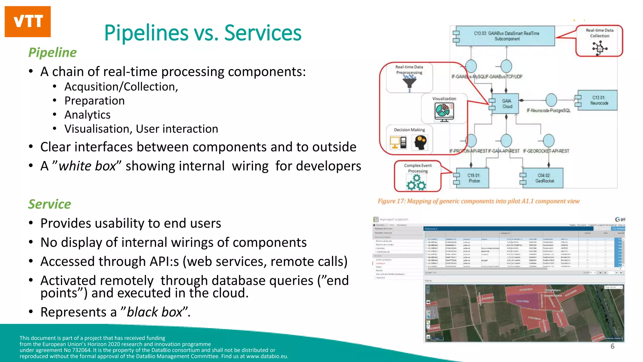 This document is part of a project that has received funding
from the European Union’s Horizon 2020 research and innovation programme
under agreement No 732064. It is the property of the DataBio consortium and shall not be distributed or
reproduced without the formal approval of the DataBio Management Committee. Find us at www.databio.eu.
6
Pipelines vs. Services
Pipeline
• A chain of real-time processing components:
• Acqusition/Collection,
• Preparation
• Analytics
• Visualisation, User interaction
• Clear interfaces between components and to outside
• A ”white box” showing internal wiring for developers
Service
• Provides usability to end users
• No display of internal wirings of components
• Accessed through API:s (web services, remote calls)
• Activated remotely through database queries (”end
points”) and executed in the cloud.
• Represents a ”black box”.
 