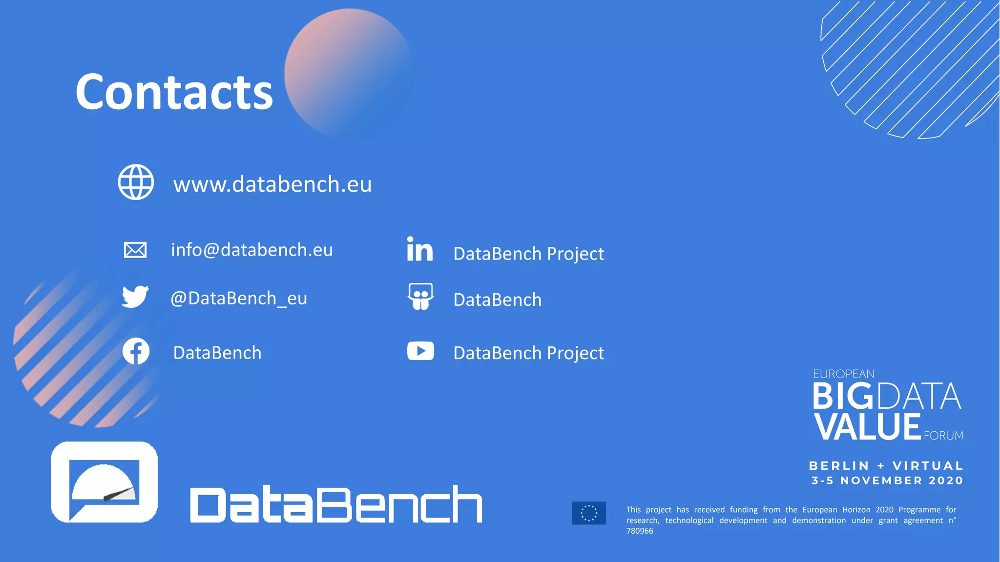 This project has received funding from the European Horizon 2020 Programme for
research, technological development and demonstration under grant agreement n°
780966
Contacts
info@databench.eu
@DataBench_eu
DataBench
www.databench.eu
DataBench Project
DataBench
DataBench Project
 