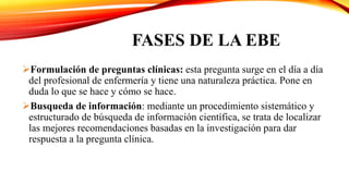 FASES DE LA EBE
Formulación de preguntas clínicas: esta pregunta surge en el día a día
del profesional de enfermería y tiene una naturaleza práctica. Pone en
duda lo que se hace y cómo se hace.
Busqueda de información: mediante un procedimiento sistemático y
estructurado de búsqueda de información científica, se trata de localizar
las mejores recomendaciones basadas en la investigación para dar
respuesta a la pregunta clínica.
 