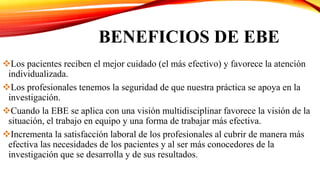 BENEFICIOS DE EBE
Los pacientes reciben el mejor cuidado (el más efectivo) y favorece la atención
individualizada.
Los profesionales tenemos la seguridad de que nuestra práctica se apoya en la
investigación.
Cuando la EBE se aplica con una visión multidisciplinar favorece la visión de la
situación, el trabajo en equipo y una forma de trabajar más efectiva.
Incrementa la satisfacción laboral de los profesionales al cubrir de manera más
efectiva las necesidades de los pacientes y al ser más conocedores de la
investigación que se desarrolla y de sus resultados.
 