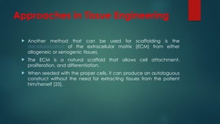 Approaches in Tissue Engineering
 Another method that can be used for scaffolding is the
decellularization of the extracellular matrix (ECM) from either
allogeneic or xenogenic tissues.
 The ECM is a natural scaffold that allows cell attachment,
proliferation, and differentiation.
 When seeded with the proper cells, it can produce an autologuous
construct without the need for extracting tissues from the patient
him/herself [25].
 