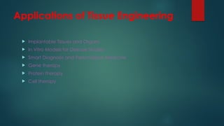 Applications of Tissue Engineering
 Implantable Tissues and Organs
 In Vitro Models for Disease Studies
 Smart Diagnosis and Personalized Medicine
 Gene therapy
 Protein therapy
 Cell therapy
 